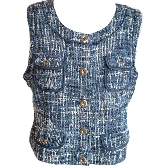 Caché Tweed Vest Blue & White with Silver Buttons Wool Blend Vest 12 - Picture 2 of 14